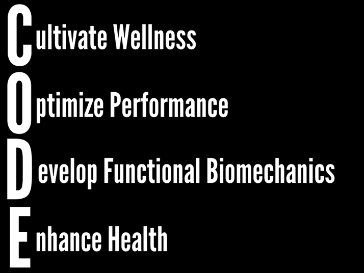 A Code graphic that says, Cultivate wellness, Optimize performance, Develop functional biomechanics, and Enhance health.