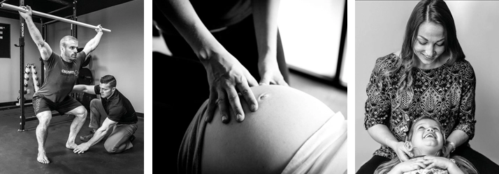 Chiropractor Mayfield Heights OH Mary Teague Adjusting A Child 3 photos, one of Chad Teague with a patient, one of a pregnant belly, and Mary Teague adjusting a child.